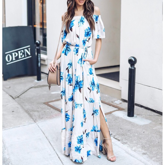 Dresses & Skirts - ✨HP✨ Blue floral off shoulder maxi dress